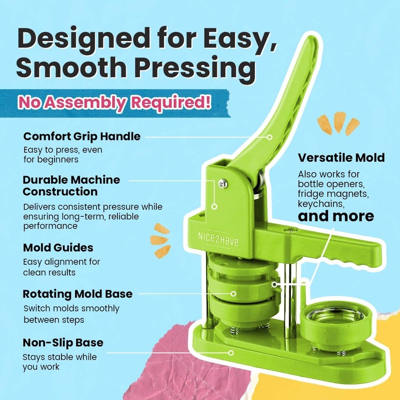 nice2have Button Maker Machine – 2.25 Inch (58mm) – Single Mold, Pin Maker Machine Kit with 100 Buttons, 5 Fridge Magnets, 5 Bottle Openers, Cutters, and 500+ Button Designs for DIY Crafts, Green - Image 4